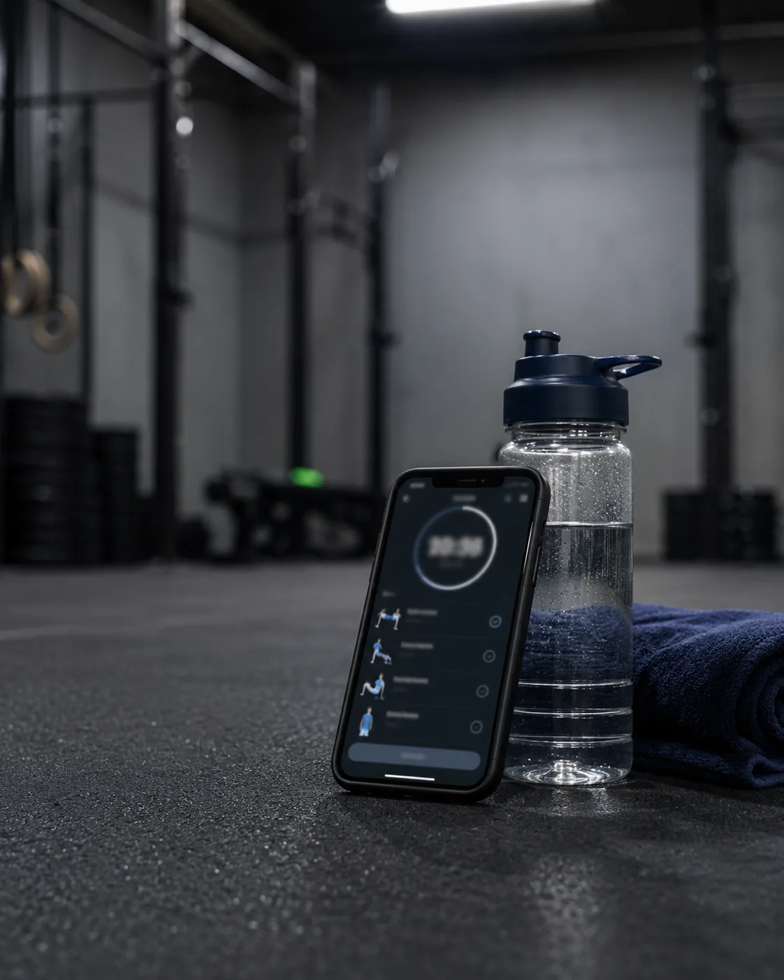 Un teléfono en el piso del gimnasio muestra el temporizador y la lista de ejercicios de una sesión Ignite